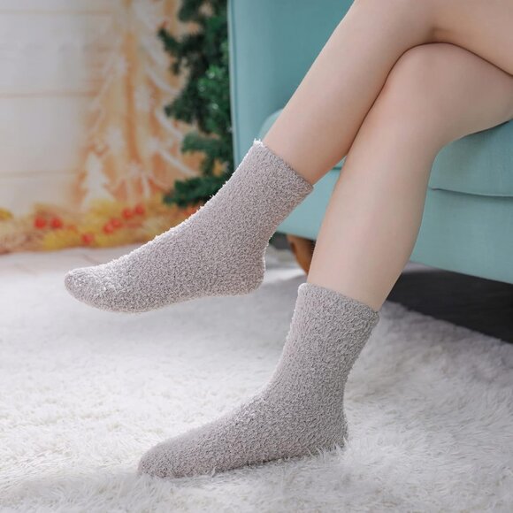 Women Fuzzy Socks Cozy Fluffy Warm Slipper Microfiber Soft Sleep Black White - Picture 2 of 6